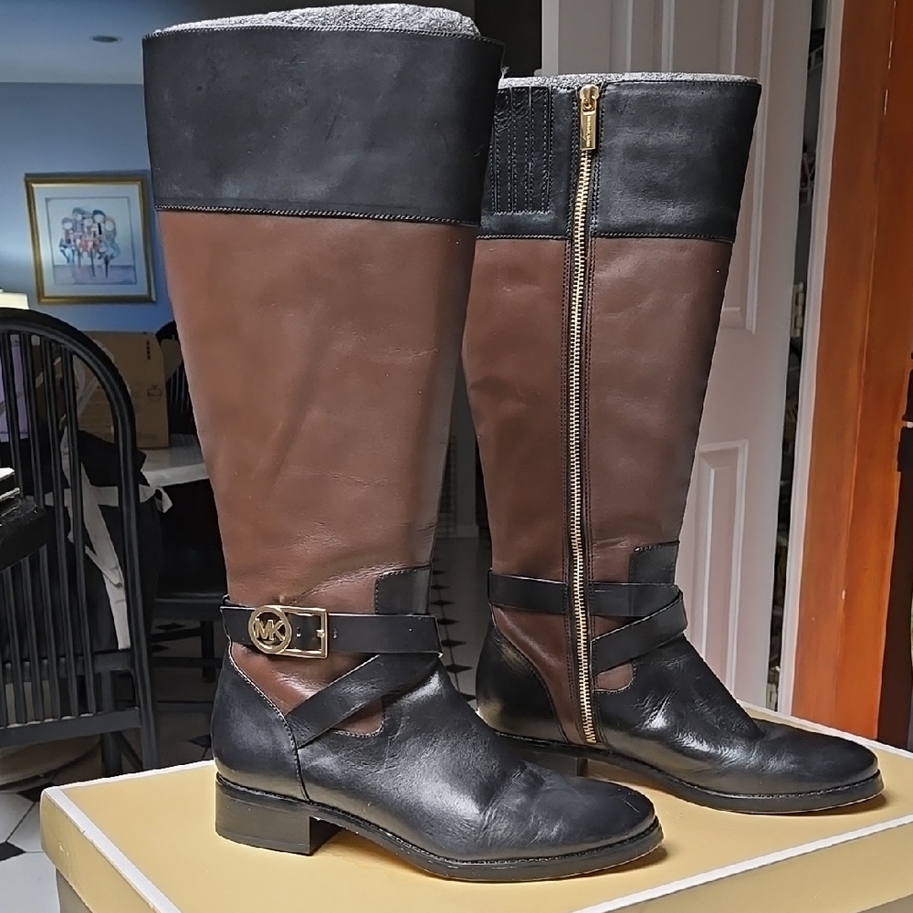 Black and Brown Over the Knee Boots with Rounded Toe and Low Heel